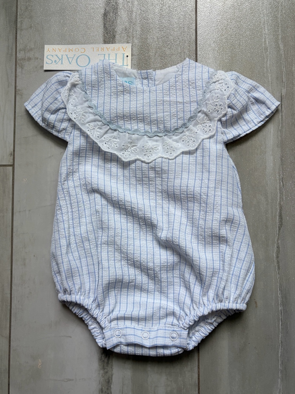 NWT The Oaks Apparel Co Blue Cotton textured Windowpane Bubble Romper Girls 3M